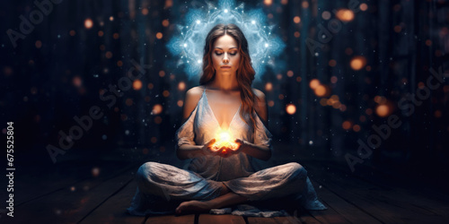 Meditating Woman Surrounded by Magic Lights Abstract Positive Energy. Copy Space Background Banner