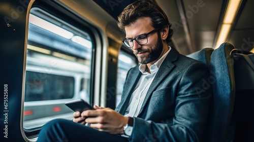 Businessman with smartphone travelling by train.