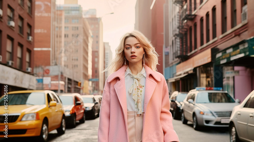 Young, flirty, beautiful stylish woman walks in a coat on the city, street style, spring-summer fashion trend