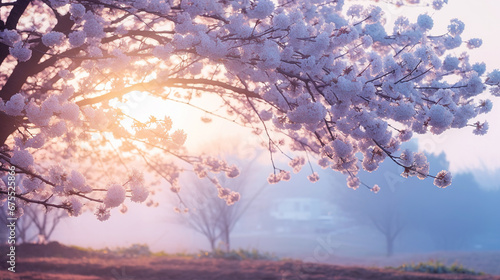 Cherry blossom landscape, beautiful pink blooming sakura flower park in the morning fog in spring