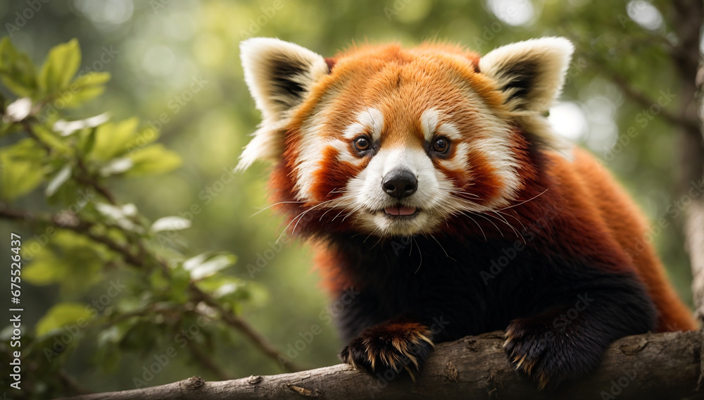 Fototapeta premium An image of a curious and friendly red panda perched on a tree branch - AI Generative