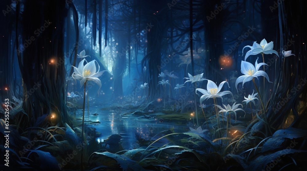 A surreal garden of bioluminescent lilies, glowing softly in the moonlight, with fireflies dancing around them.