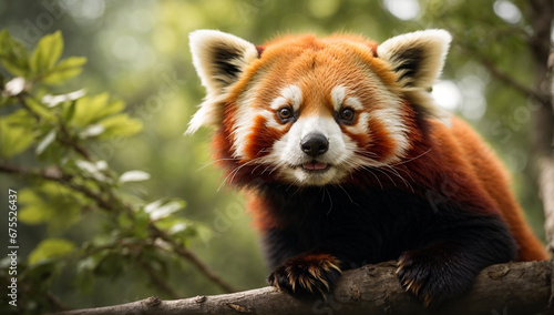 An image of a curious and friendly red panda perched on a tree branch - AI Generative