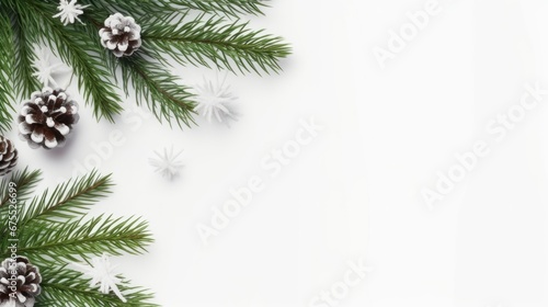 banner New Year s layout on a white background with space for text with Christmas tree branches and pine cones in frost. christmas and new year concept