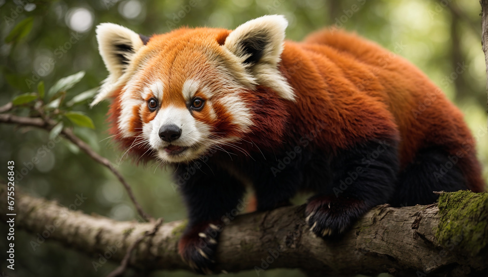 An image of a curious and friendly red panda perched on a tree branch - AI Generative An image of a curious and friendly red panda perched on a tree branch - AI Generative