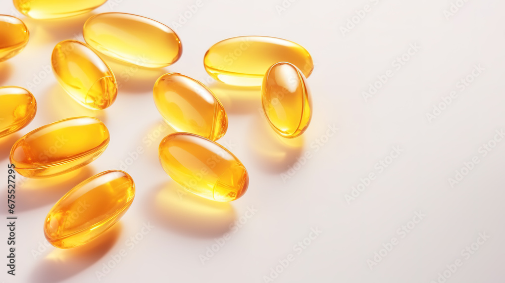 Fish oil omega 3 gel capsules on golden bokeh background. Fish oil omega 3 gel capsules on golden bokeh background.
