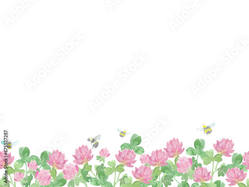 Watercolor seamless horizontal pattern with clover flowers and bees. Romantic background. Three-leafed, Red clover, field flowers. Symbol of good luck. St. Patrick s Day Background, botanical frame