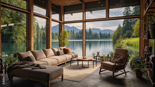 Eco-lodge hotel interior with lake view © Ilya