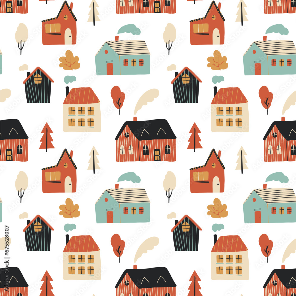 Hand drawn village with cute houses and trees, seamless vector pattern. Colorful cozy buildings with smoke from the chimney on white background.