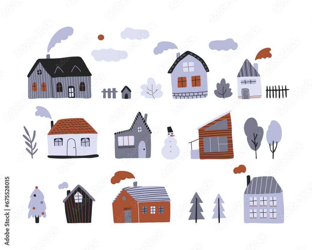 Vector flat illustration set with hand drawn winter village with cute houses and trees. Colorful cozy buildings with smoke from the chimney. Modern design elements.