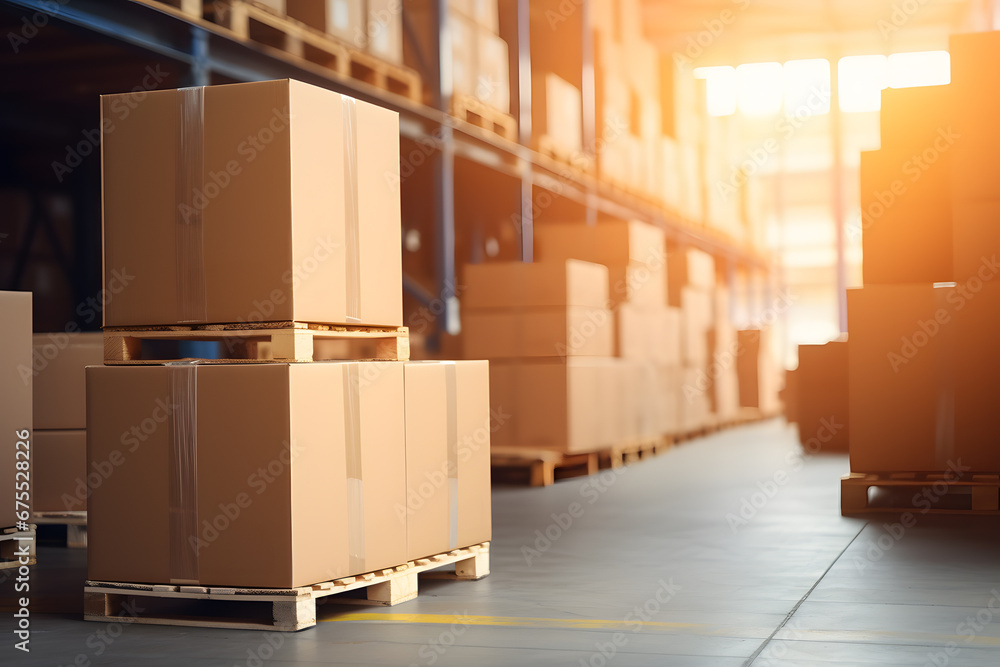 Warehouse with cardboard boxes with wares stored and sorted for distribution Warehouse with cardboard boxes with wares stored and sorted for distribution