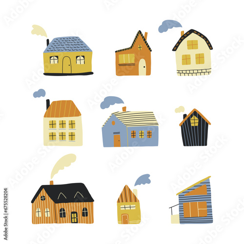 Vector flat illustration set with hand drawn cute houses. Colorful cozy buildings with smoke from the chimney. Modern design elements.