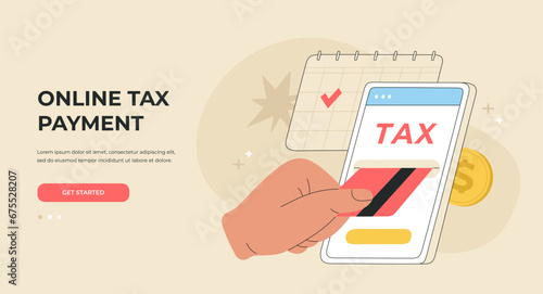 Online tax payment concept. Pay by credit card using phone. Calendar reminder for tax filing deadline. Landing page template. Vector illustration, isolated on light background, flat cartoon style