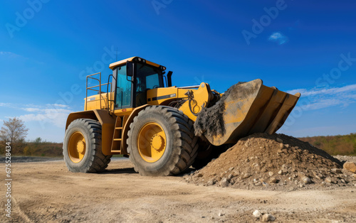 A large yellow wheel loader is loading a pile of gravel © piai