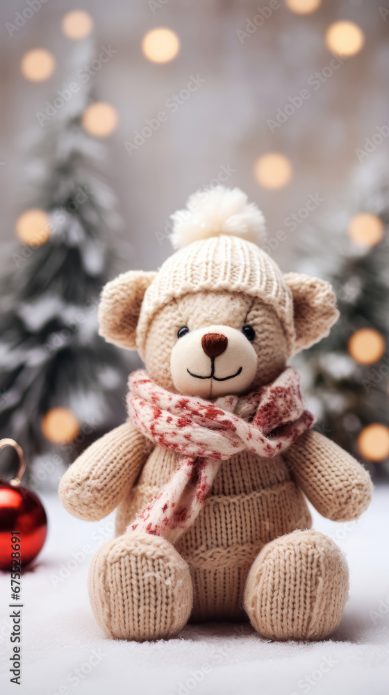 Lovely knitted toy bear cute Christmas background, copy free space. Sweet seasonal greeting card. Lovely knitted toy bear cute Christmas background, copy free space. Sweet seasonal greeting card.