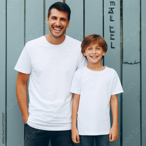 Lifestyle style photo of a dad next to 9 year old son, full - body photo, shot below eye level, man and 9 year old son is wearing an oversized blank white T-shirt crewneck