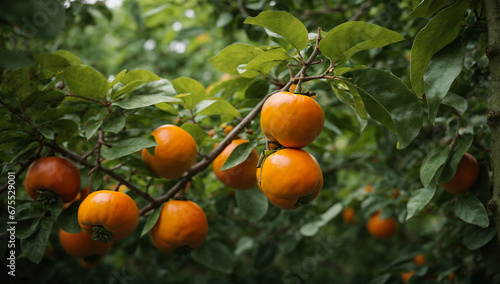 An image of a persimmon tree with vivid orange fruit against a backdrop of green foliage - AI Generative