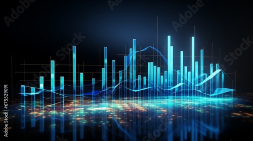 abstract stock market graph with blue 3D bars rising from a dark surface © Artbotics