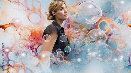  a woman standing in front of a painting with soap bubbles in front of her and her hair blowing in the wind. generative ai