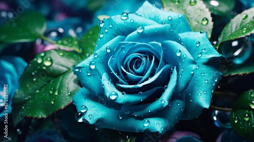 A whimsical scene featuring a turquoise rose covered in dew, placed within a vibrant, abstract environment.