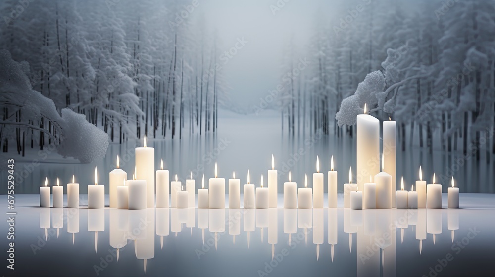  a group of candles sitting on top of a table next to a forest filled with lots of tall white candles.  generative ai