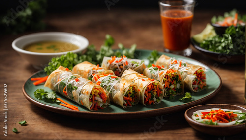 An image of a plate of colorful and crunchy vegetable spring rolls with dipping sauce - AI Generative