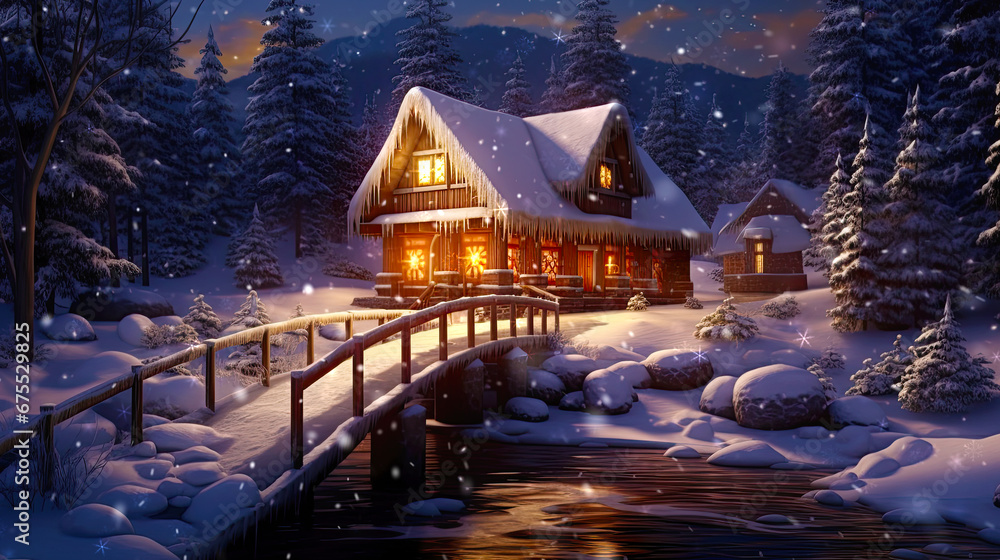 Snow covered landscape with wooden bridge leading to winter hut. Postproducted generative AI illustration.