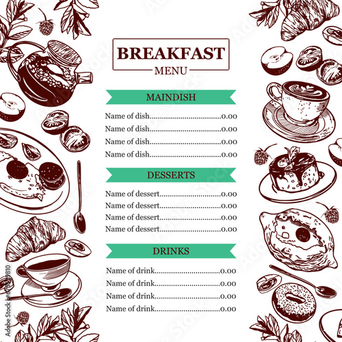 Cup of coffee, teapot, croissant, donut, khachapuri, scrambled eggs. Breakfast food vector illustration. Menu design for cafes, restaurants, bars.