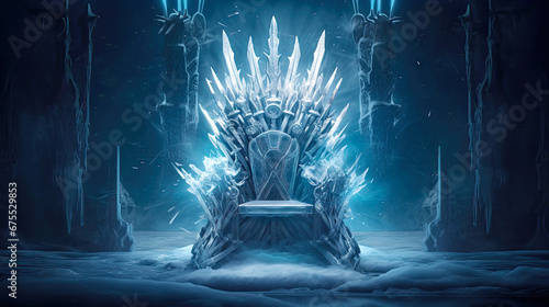 A cold empire throne made of ice and frosty swords. Postproducted generative AI illustration.