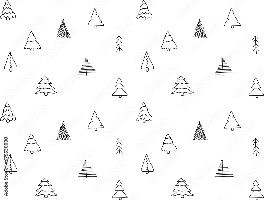 Obraz premium Hand drawn Christmas trees pattern. Seamless doodle vector illustration for wallpaper, textiles, wrapping
