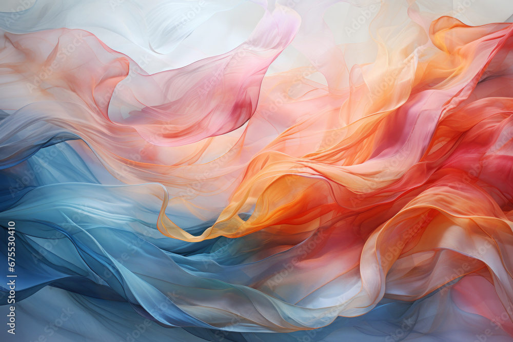 Abstract soft silk textile colourful background with fluid fabric folds. Flowing drapery waves in different shapes