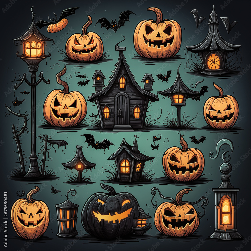 Halloween vector illustration. Set of pumpkins, lanterns, houses and bats. Halloween vector illustration. Set of pumpkins, lanterns, houses and bats.