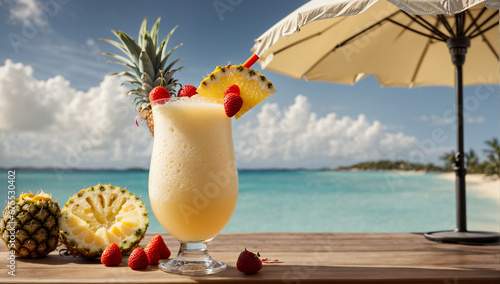 An image of a refreshing and tropical piña colada cocktail garnished with a pineapple wedge and umbrella - AI Generative