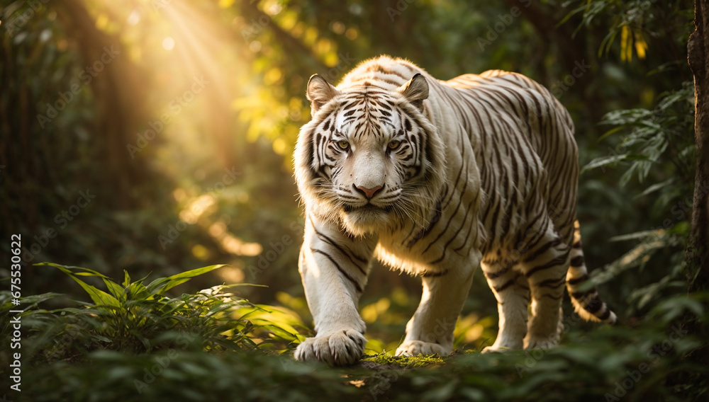 An image of a regal and elegant white tiger prowling in the jungle - AI Generative