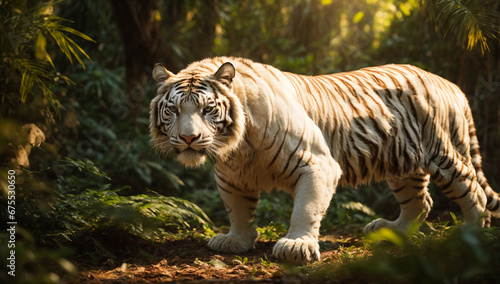 An image of a regal and elegant white tiger prowling in the jungle - AI Generative