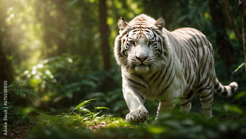 An image of a regal and elegant white tiger prowling in the jungle - AI Generative
