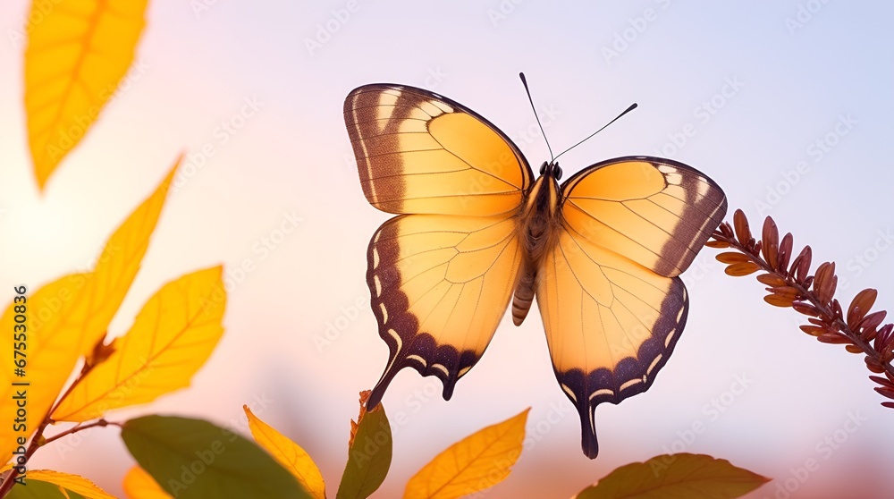 Obraz premium Macro of beautiful butterfly flying winter leaves in fall season at sunrise on light background. Banner