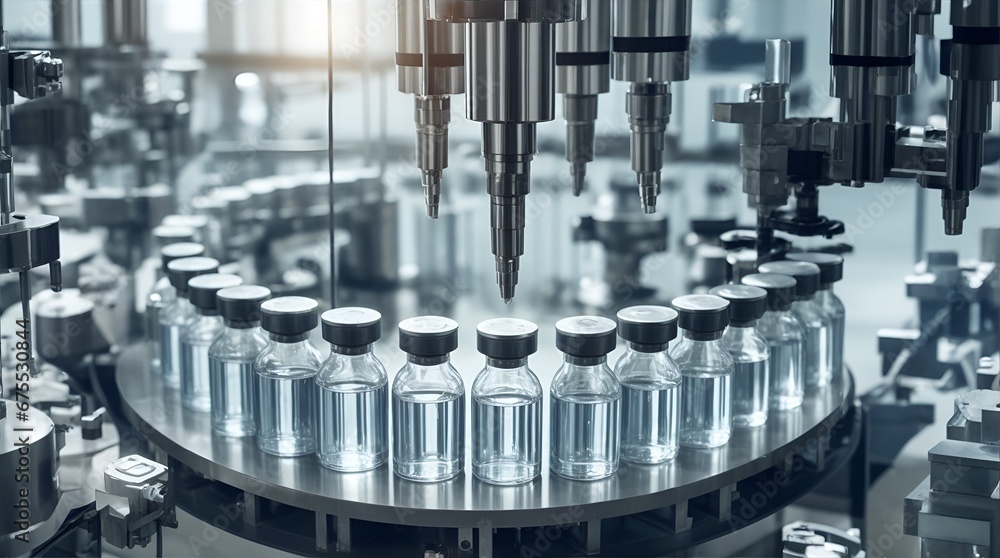 Medical vials on production line at pharmaceutical factory, Pharmaceutical machine working pharmaceutical glass bottles production line Medical vials on production line at pharmaceutical factory, Pharmaceutical machine working pharmaceutical glass bottles production line