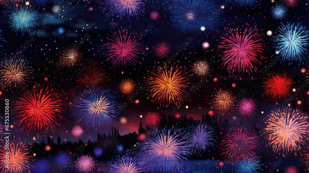 a fireworks display in the night sky with a cityscape in the foreground and fireworks in the background. generative ai a fireworks display in the night sky with a cityscape in the foreground and fireworks in the background. generative ai