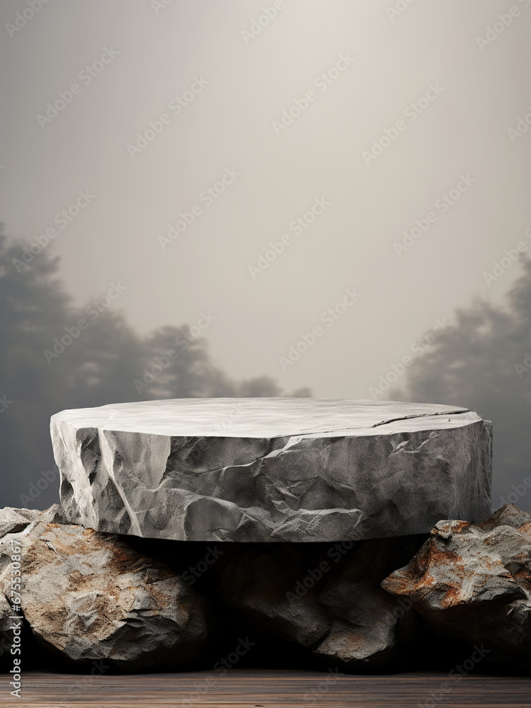 Abstract stone podium and product pedestal, grey natural materials