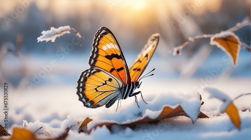 Macro of beautiful butterfly flying frozen leaves in winter season at sunrise on light background. Banner