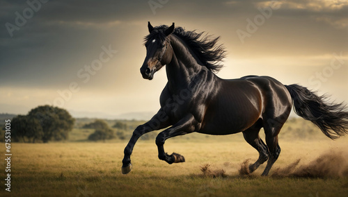 An image of a regal and majestic black stallion galloping across an open field - AI Generative © Being Imaginative