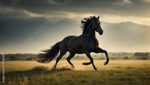 An image of a regal and majestic black stallion galloping across an open field - AI Generative