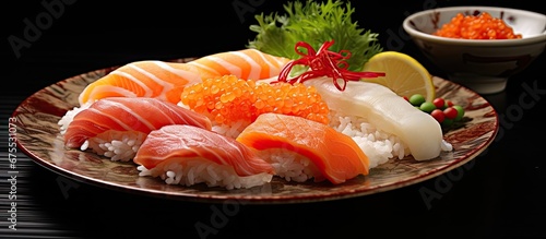 The Asian cuisine offers a wide variety of colorful foods such as nigirizushi a Japanese dish consisting of fresh white fish placed on a bed of red rice served on a beautifully decorated pl