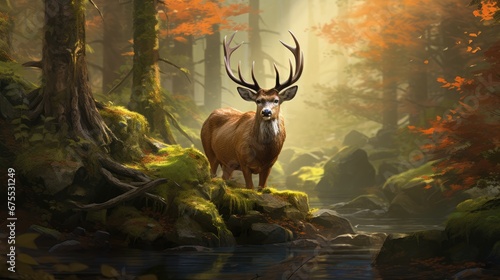  a painting of a deer standing on a mossy bank in a wooded area with a stream running through it. generative ai