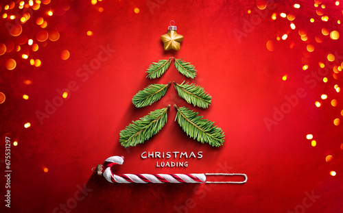 Christmas Loading Concept - Tree On Red With Progress Bar And Bokeh Lights