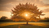 An image of a sprawling peach tree in a warm, golden sunset light -AI Generative