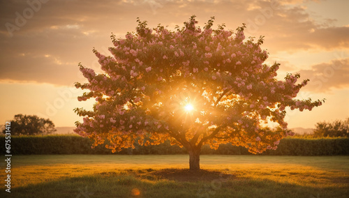 An image of a sprawling peach tree in a warm, golden sunset light -AI Generative