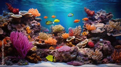  a large aquarium filled with lots of different types of corals and sea anemones and other colorful fish. generative ai