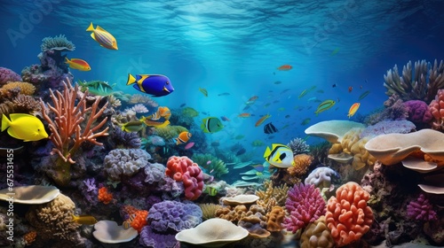  an underwater scene of a coral reef with many different types of fish and corals on the bottom of the water. generative ai